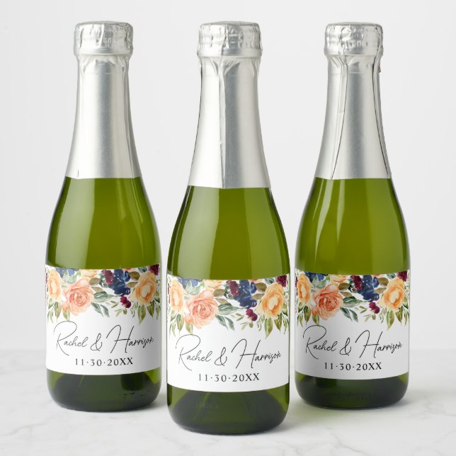 Modern Script Floral Monogram Wedding Sparkling Wine Label (Bottles)