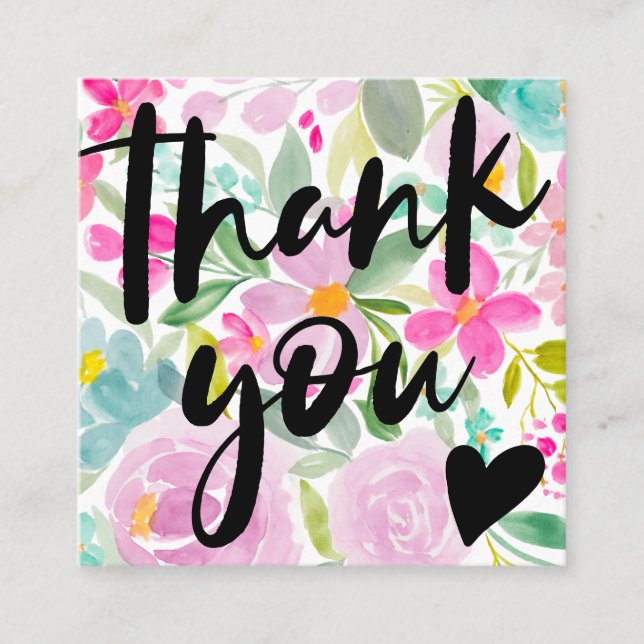 Modern script floral pink thank you square business card (Front)