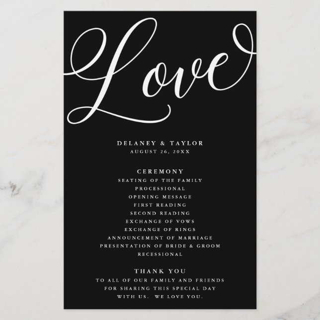 Modern Script Flourish, Black Paper Program (Front)