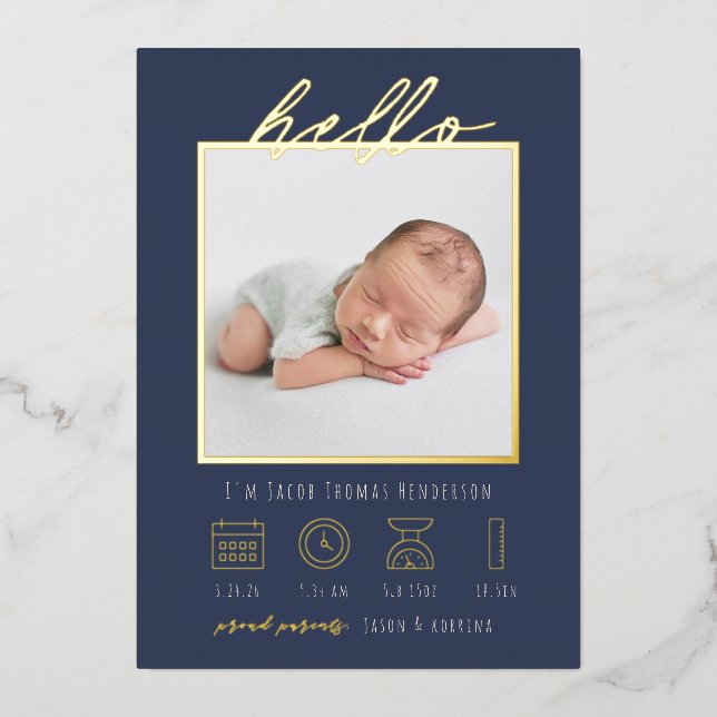 Modern Script  Foil Hello Baby Birth Announcement (Front)
