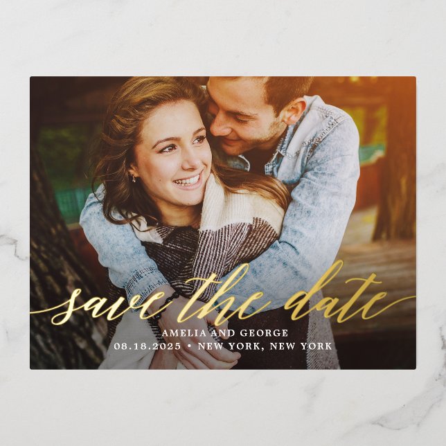 Modern Script Foil Wedding Save The Date Postcard (Front)