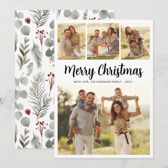 Modern Script Foliage 4 Multi Photo Christmas Holiday Card (Front/Back)