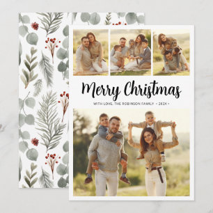 Modern Script Foliage 4 Multi Photo Christmas Holiday Card
