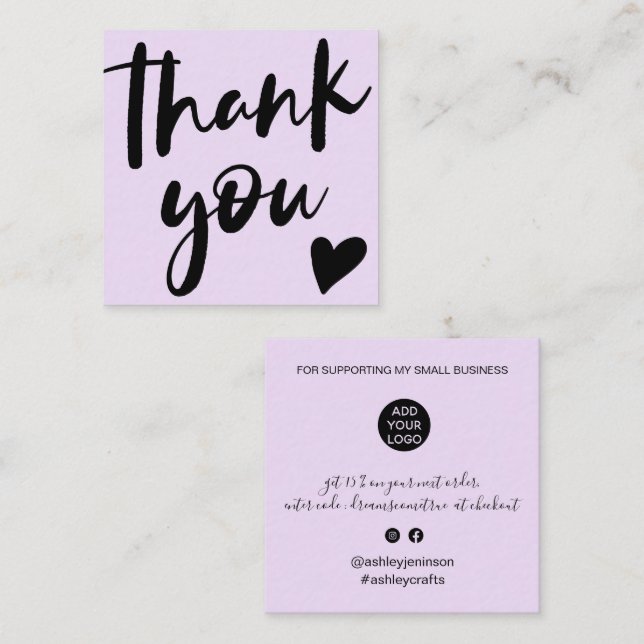 Modern script font black purple order thank you square business card (Front/Back)