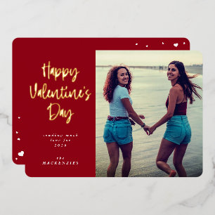 Modern Script Font Happy Valentine's Day Photo Foil Holiday Card
