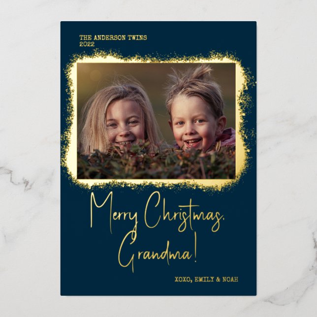 Modern Script Font Photo Christmas Foil Holiday Card (Front)