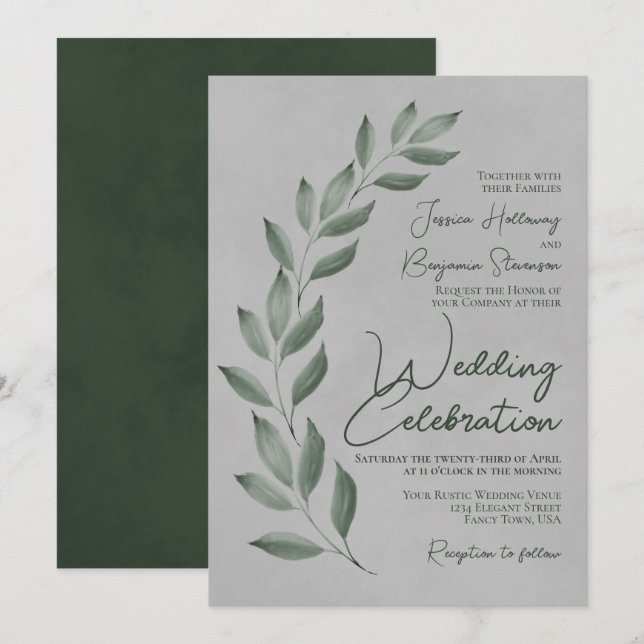 Modern Script Forest Green Leaves on Grey Wedding Invitation (Front/Back)