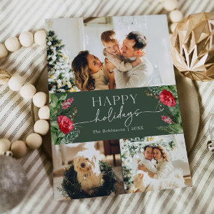 Modern Script Forest Green Watercolor Botanical Holiday Card