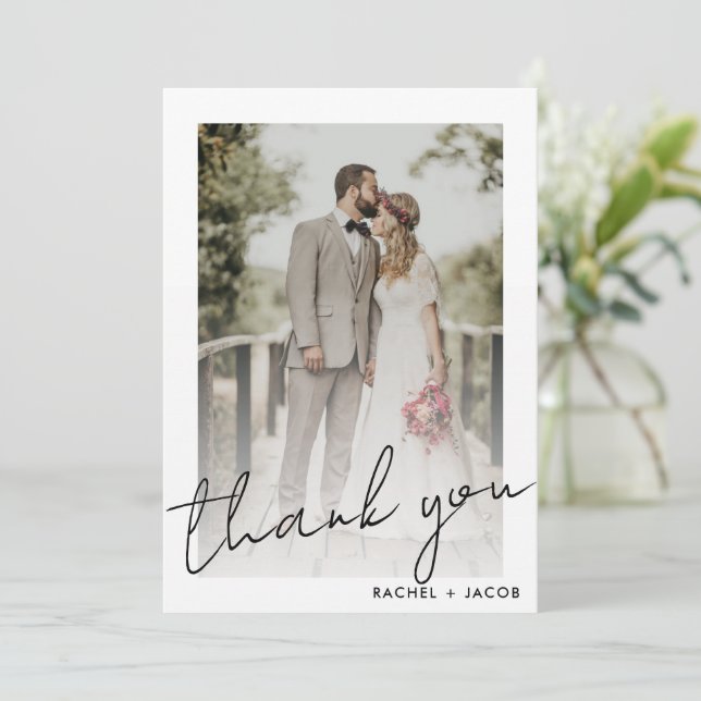 Modern Script Framed Photo Wedding Thank You Card (Standing Front)