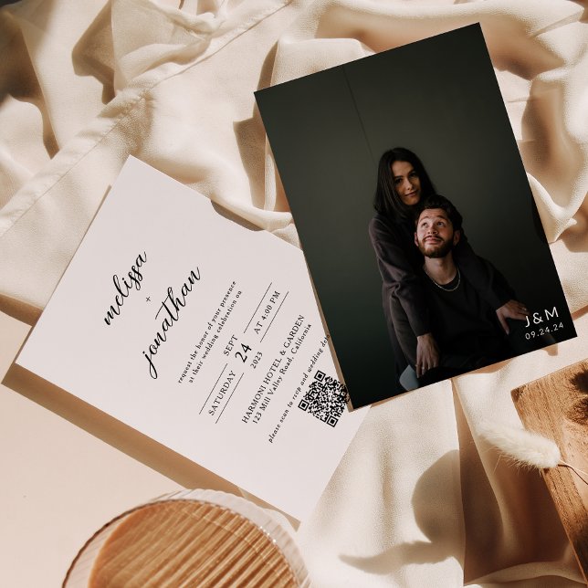 Modern Script Full Photo Monogram QR code Wedding Invitation (Creator Uploaded)