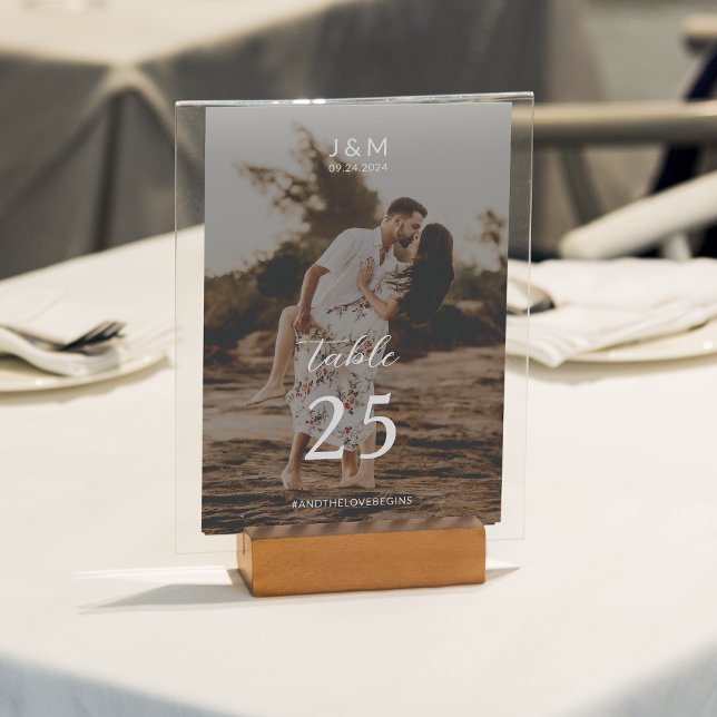 Modern Script Full Photo Monogram Wedding Table Number (Creator Uploaded)