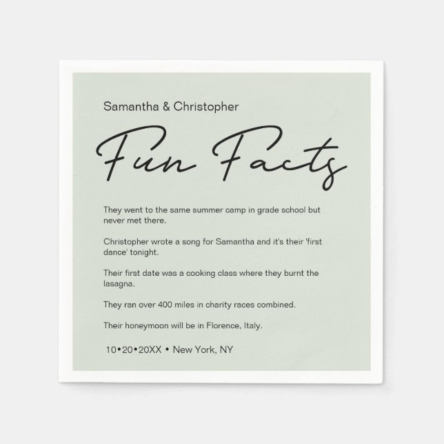 Modern Script Fun Facts Custom Wedding green Napkin (Front)