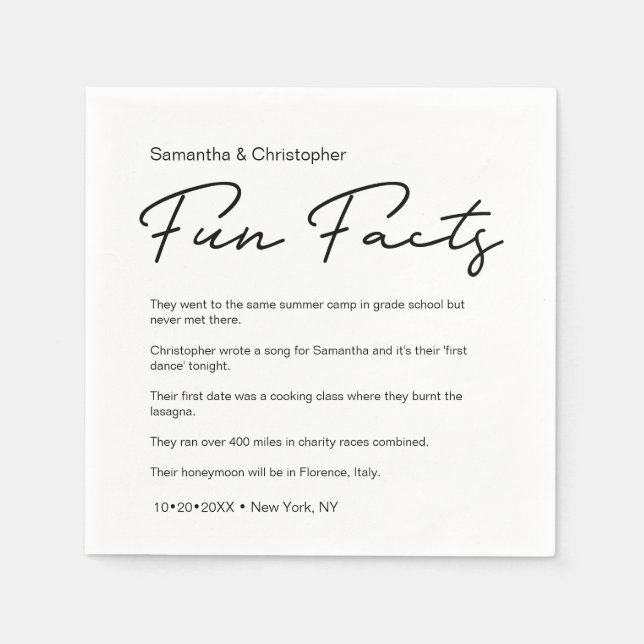 Modern Script Fun Facts Custom Wedding Napkin (Front)