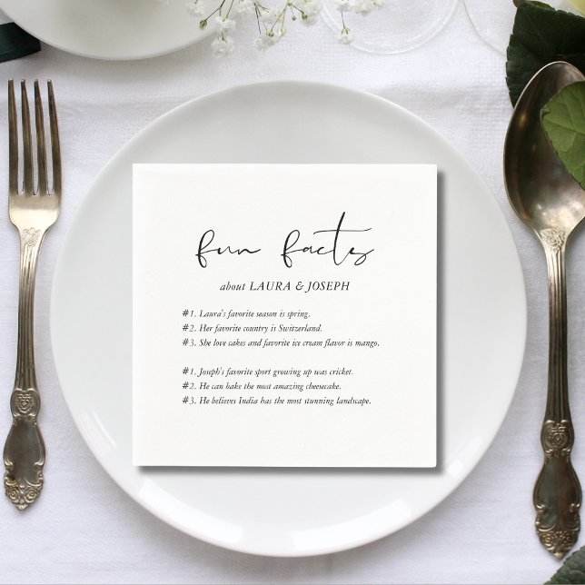 Modern Script Fun Facts Wedding Napkin (Creator Uploaded)