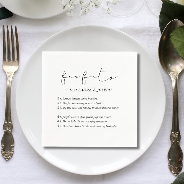 Modern Script Fun Facts Wedding Napkin (Creator Uploaded)