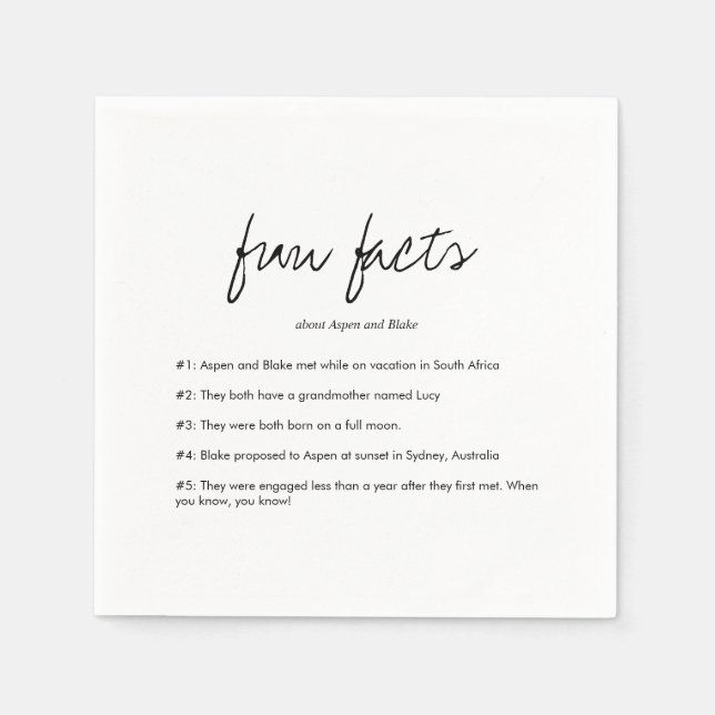 Modern Script Fun Facts Wedding Napkins (Front)