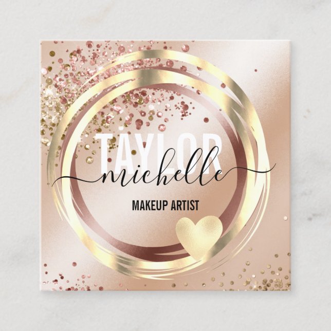 modern script girly trendy glitter gold square bus square business card (Front)