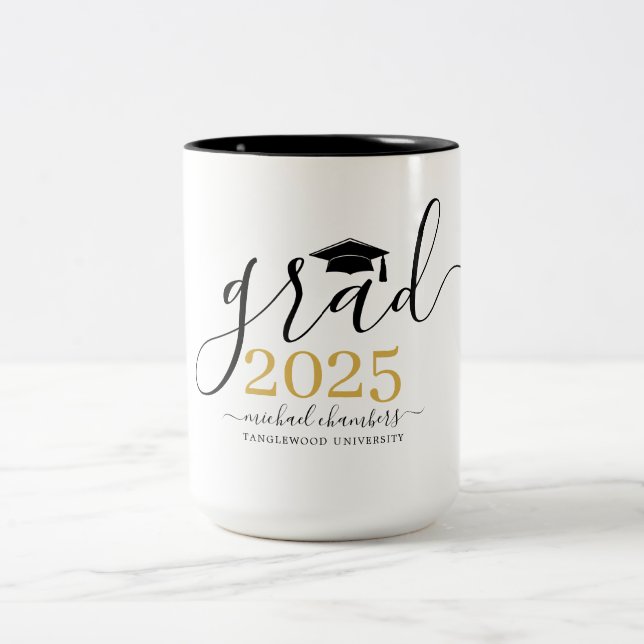 Modern Script Gold Black Graduation Personalised Two-Tone Coffee Mug (Center)