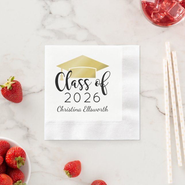 Modern Script Gold Cap 2026 Graduation Party Napkin (Insitu)