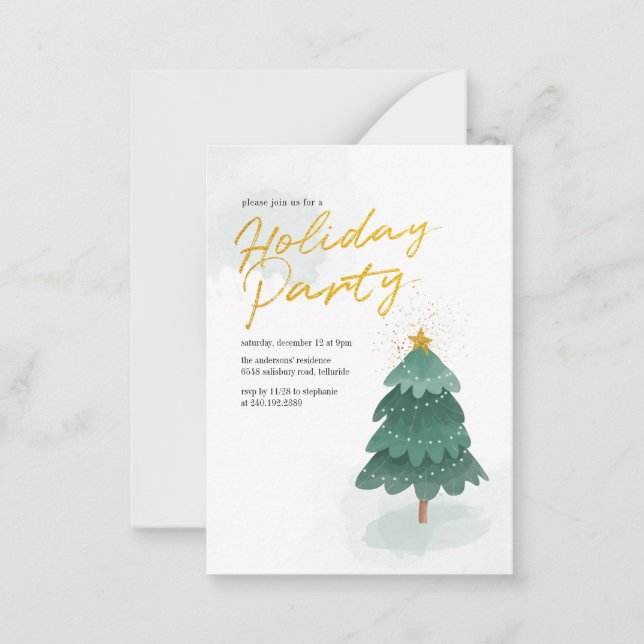 Modern Script Gold Christmas Tree Holiday Party Card (Front)
