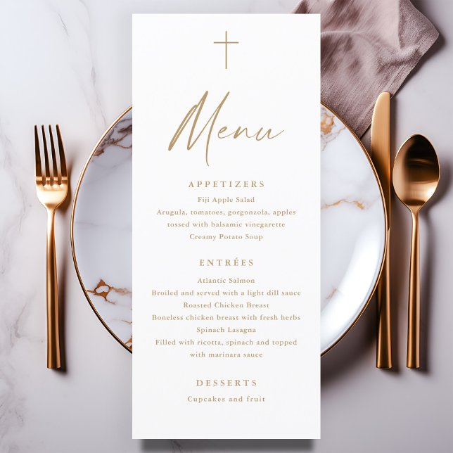 Modern Script Gold Cross Baptism Menu (Modern gold script baptism menu.)