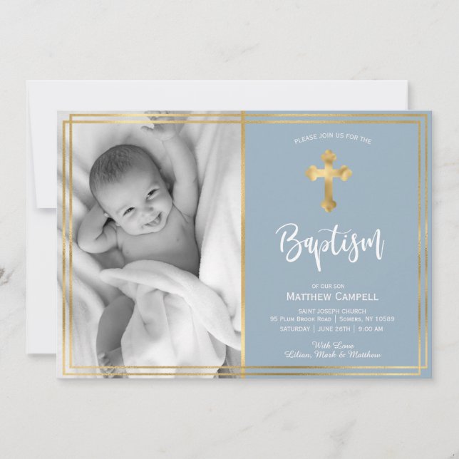Modern Script Gold Cross Blue Baptism Invitation (Front)