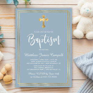 Modern Script Gold Cross Dusty Blue Boy Baptism Invitation