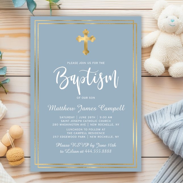 Modern Script Gold Cross Dusty Blue Boy Baptism Invitation (Creator Uploaded)