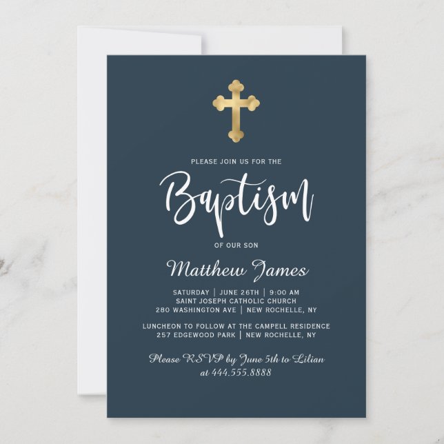 Modern Script Gold Cross Navy Blue Boy Baptism Invitation (Front)
