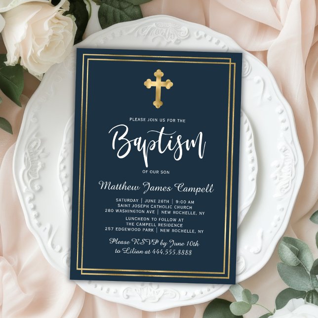 Modern Script Gold Cross Navy Blue Boy Baptism Invitation (Creator Uploaded)