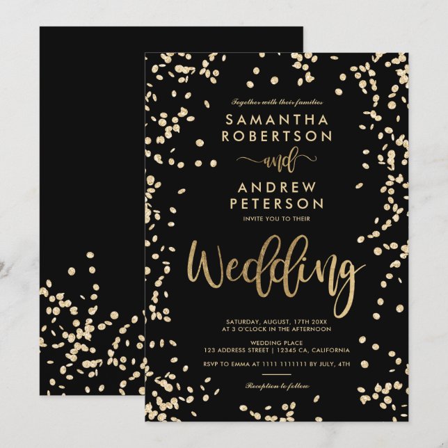 Modern script gold foil confetti black wedding invitation (Front/Back)