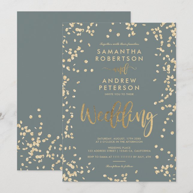 Modern script gold foil confetti grey wedding invitation (Front/Back)