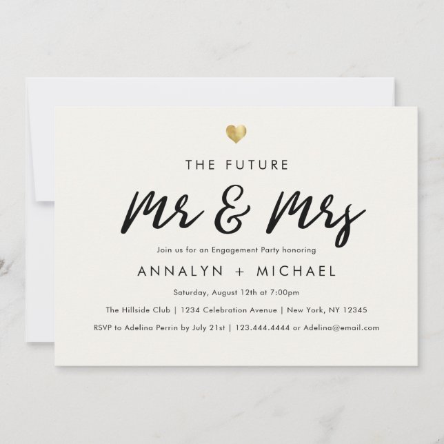 Modern Script Gold Future Mr and Mrs Engagement Invitation (Front)