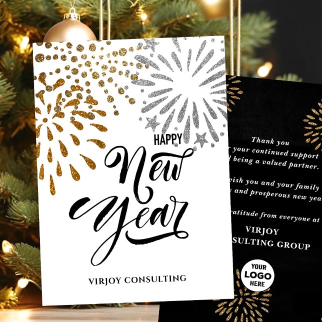 Modern Script Gold Glitter Fireworks Corporate Holiday Card (Creator Uploaded)