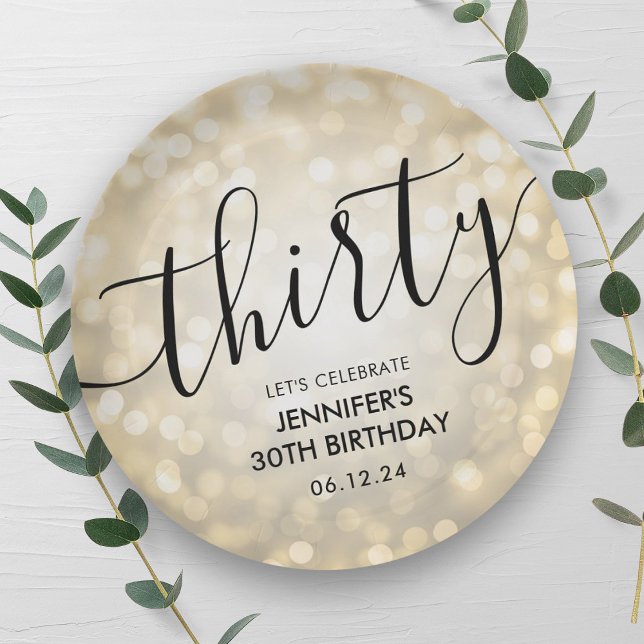 Modern Script Gold Glitter Lights 30th Birthday  Paper Plate (Modern Script Gold Glitter Lights 30th Birthday Paper Plates)