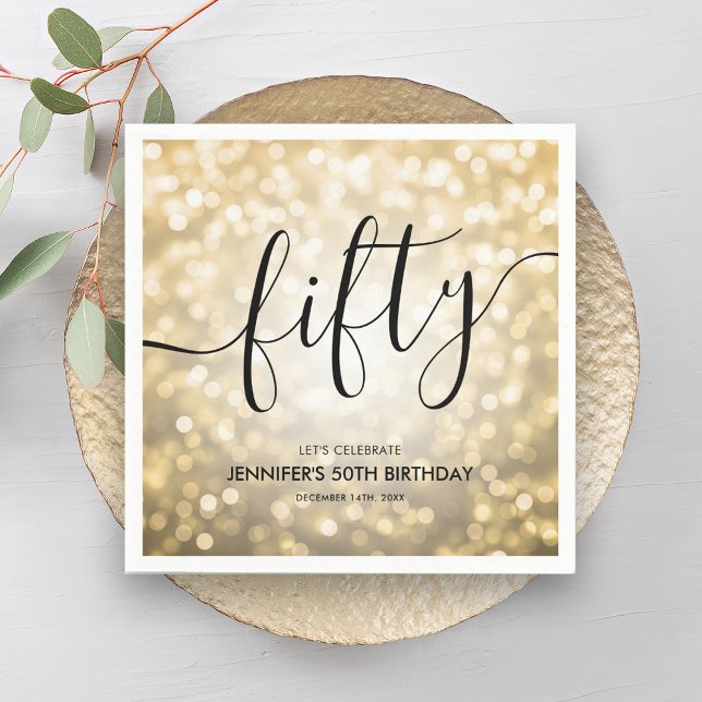Modern Script Gold Glitter Lights 50th Birthday  Napkin (Modern Script Gold Glitter Lights 50th Birthday Napkins)