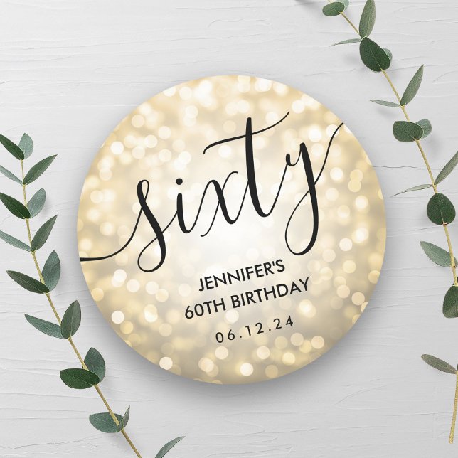 Modern Script Gold Glitter Lights 60th Birthday  Classic Round Sticker (Modern Script Gold Glitter Lights 60th Birthday Classic Round Sticker)