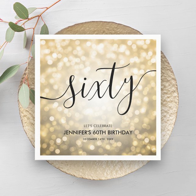 Modern Script Gold Glitter Lights 60th Birthday  Napkin (Modern Script Gold Glitter Lights 60th Birthday Napkins)