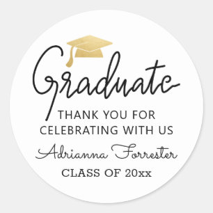 Modern Script Gold Graduate Hat   Thank You Classi Classic Round Sticker