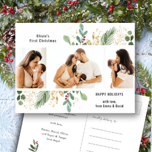 Modern Script Gold Greenery Baby First Christmas Holiday Postcard