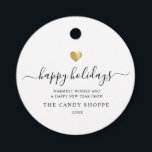 Modern Script Gold Heart Happy Holiday Business Favour Tags<br><div class="desc">Modern,  simple,  and minimalist business holiday gift tag with elegant script calligraphy reading HAPPY HOLIDAYS under a printed golden heart. Below is space for your custom message as well as additional space on the back for more detailed greetings.</div>