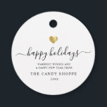 Modern Script Gold Heart Happy Holiday Business Favour Tags<br><div class="desc">Modern,  simple,  and minimalist business holiday gift tag with elegant script calligraphy reading HAPPY HOLIDAYS under a printed golden heart. Below is space for your custom message as well as additional space on the back for more detailed greetings.</div>