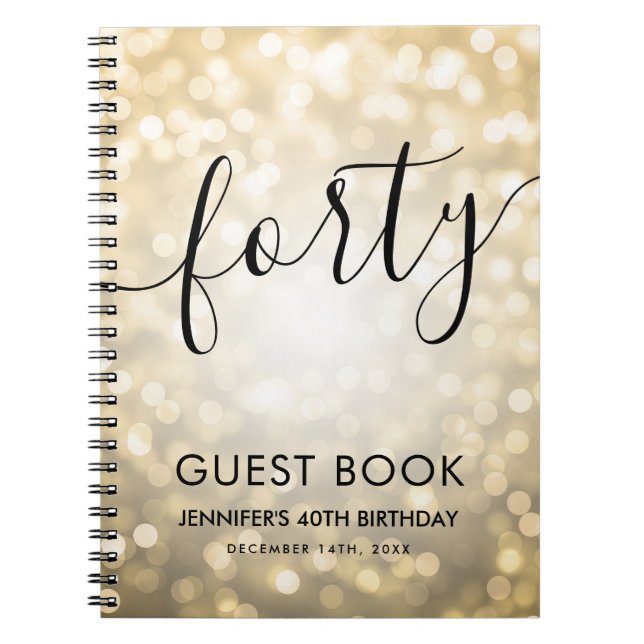 Modern Script Gold Lights 40th Birthday GUEST BOOK (Front)