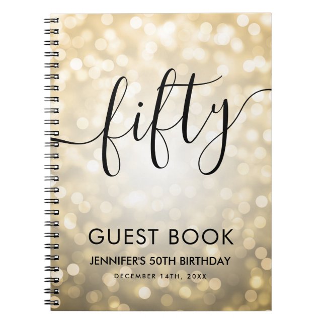 Modern Script Gold Lights 50th Birthday GUEST BOOK (Front)