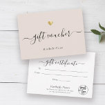 Modern Script Gold Logo Gift Voucher Certificate<br><div class="desc">Gift voucher! This modern chic gold heart gift certificate note card for your customers features hand-lettered script calligraphy alongside your names in elegant serif typography. This is the elegant blush pink with your custom logo on the back.</div>