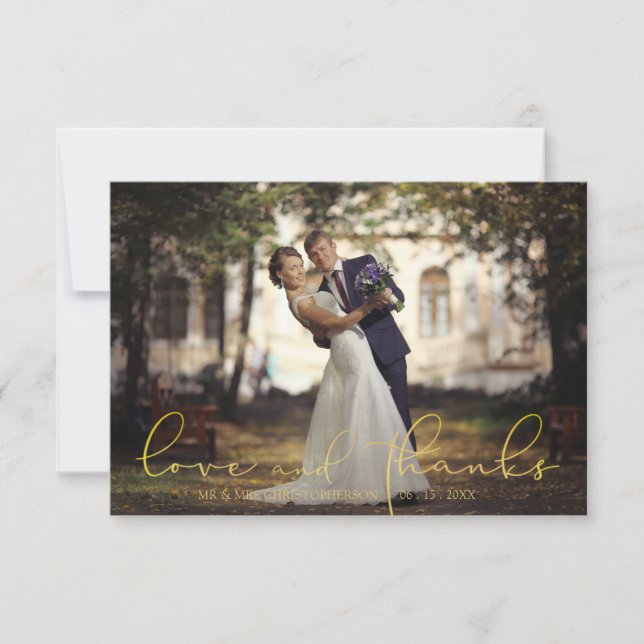 Modern Script Gold LOVE AND THANKS Photo Wedding Thank You Card (Front)