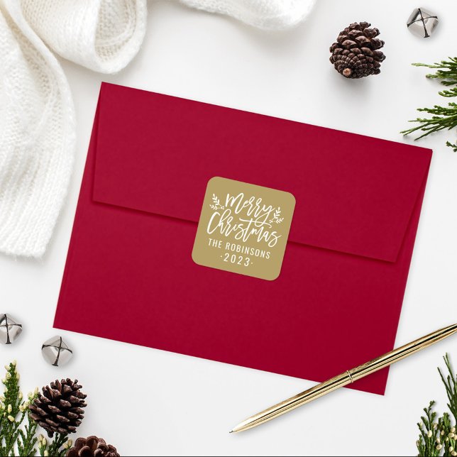 Modern Script Gold Merry Christmas Custom Square Sticker (Creator Uploaded)
