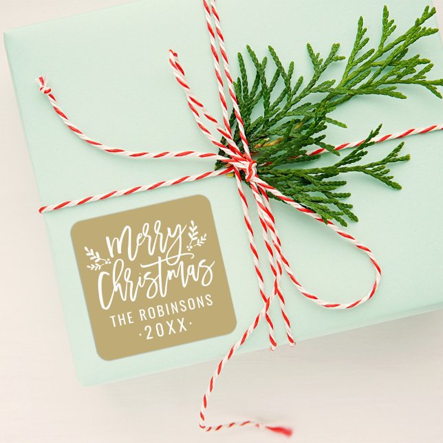 Modern Script Gold Merry Christmas Family Name Square Sticker (Creator Uploaded)
