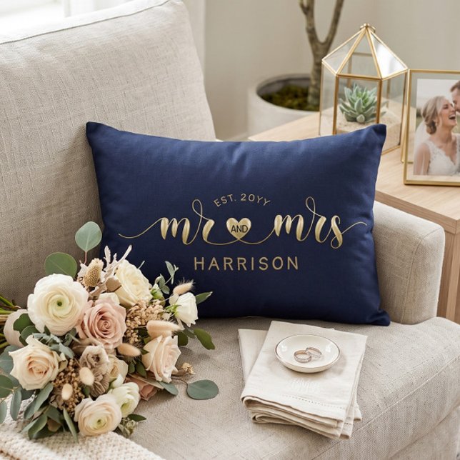 Modern Script Gold Mr and Mrs Newlyweds Gift Decorative Cushion (Creator Uploaded)