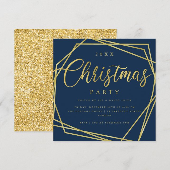 MODERN Script Gold Navy Foil Frame Christmas Party Invitation (Front/Back)
